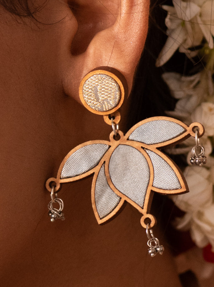 WHE Grey Gold Lotus Repurposed Fabric and Wood Statement Earrings