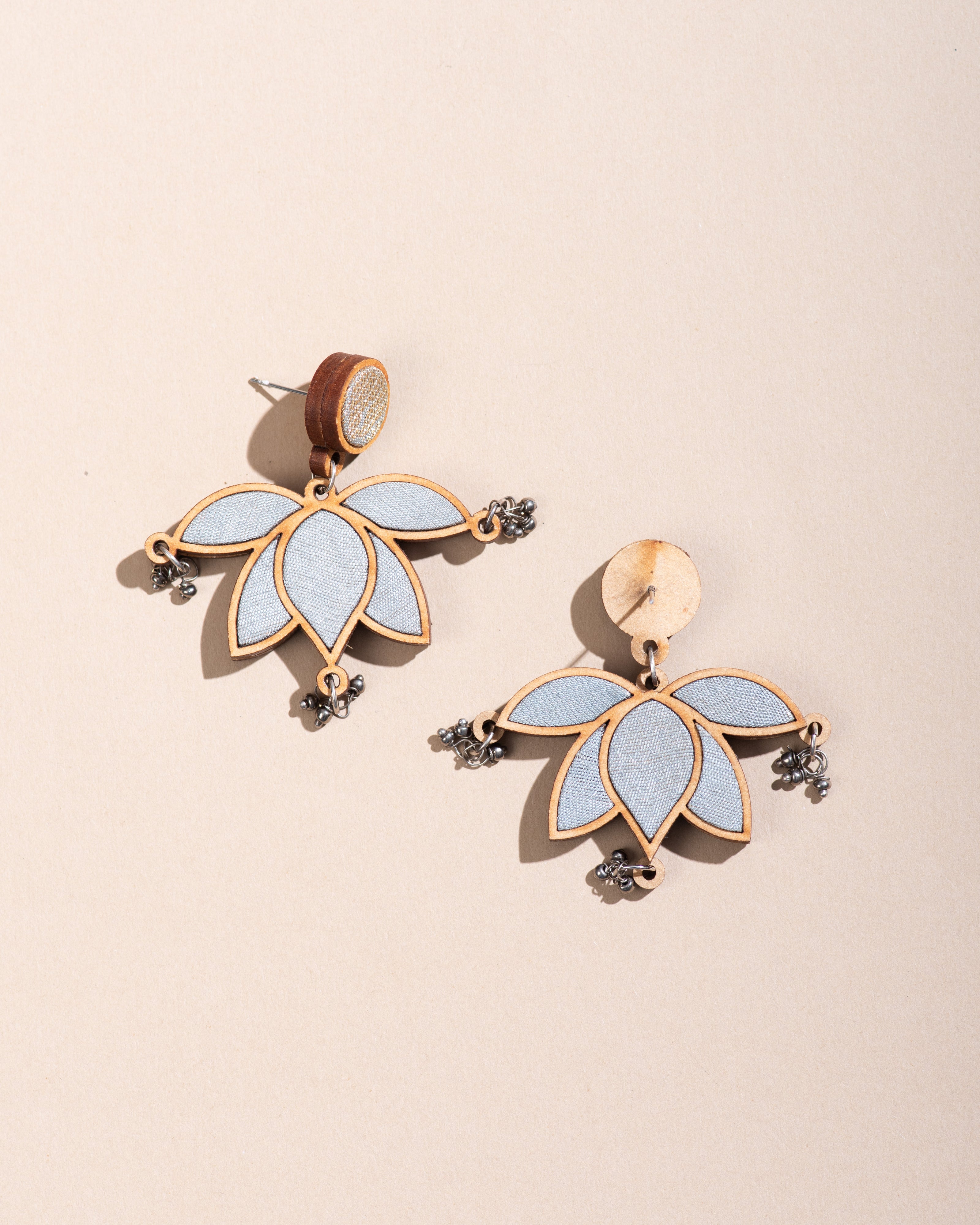 WHE Grey Gold Lotus Repurposed Fabric and Wood Statement Earrings