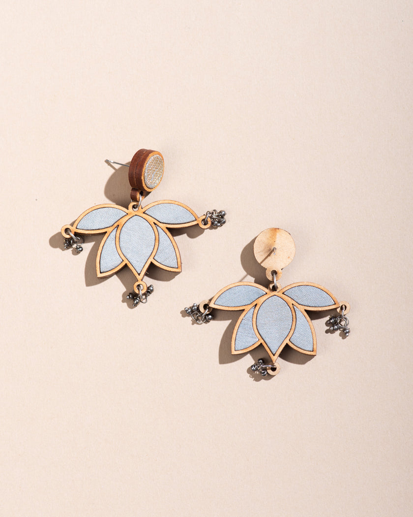 WHE Grey Gold Lotus Repurposed Fabric and Wood Statement Earrings