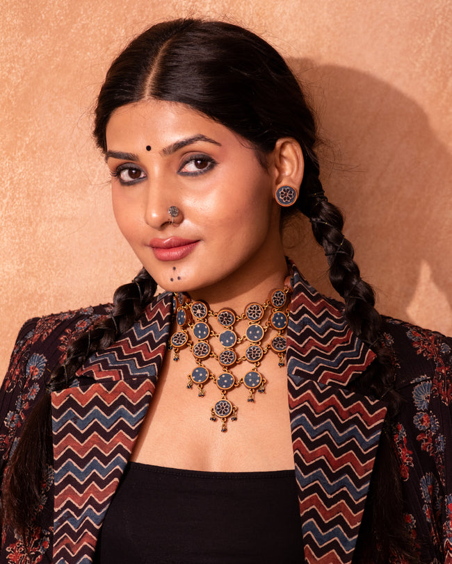 WHE Blue Ajrakh Round Repurposed Fabric and Wood Stud