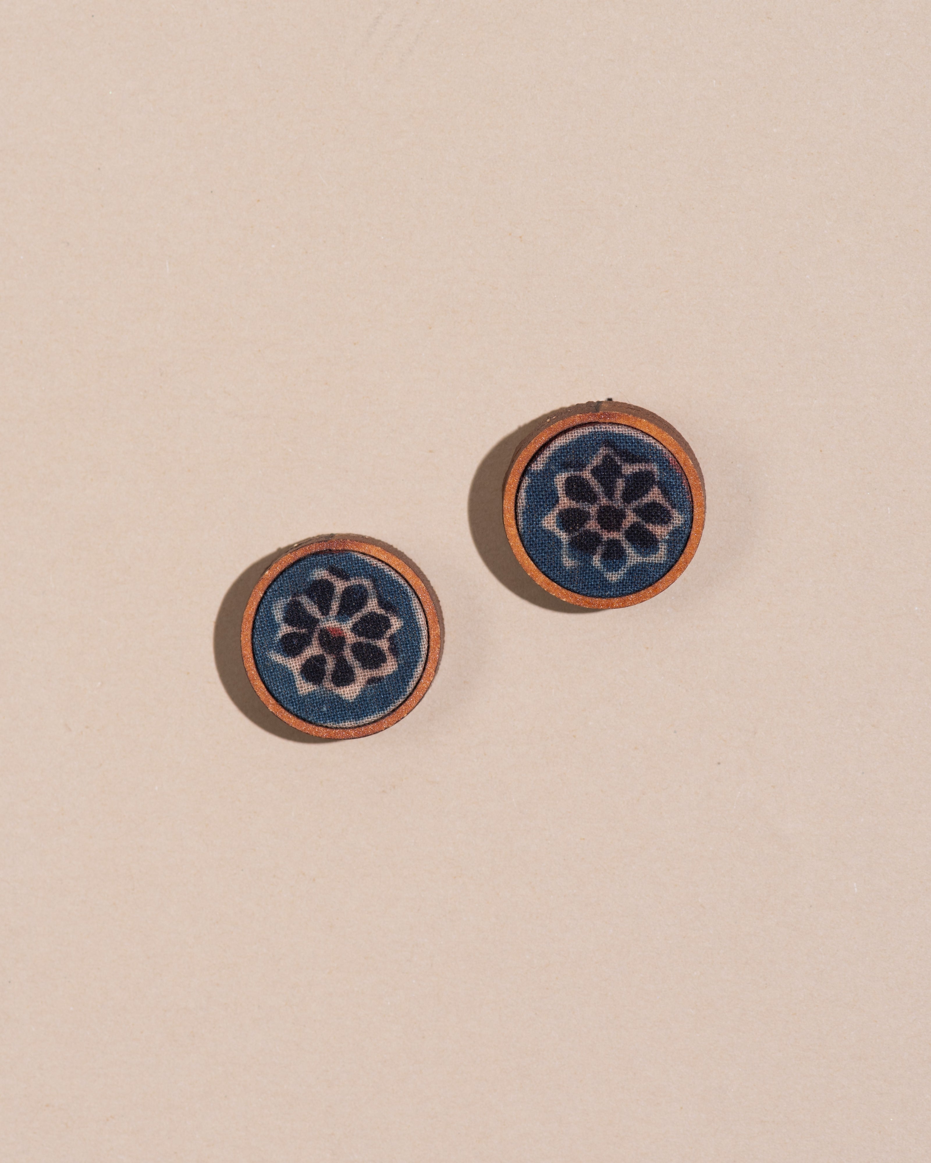 WHE Blue Ajrakh Round Repurposed Fabric and Wood Stud