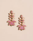 WHE Light Pink Festive Leaf Motif Repurposed Fabric and Wood Earrings