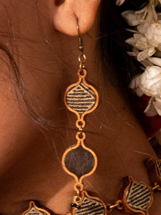 WHE Black and Gold Festive Multi Layered Repurposed Fabric and Wood Earrings
