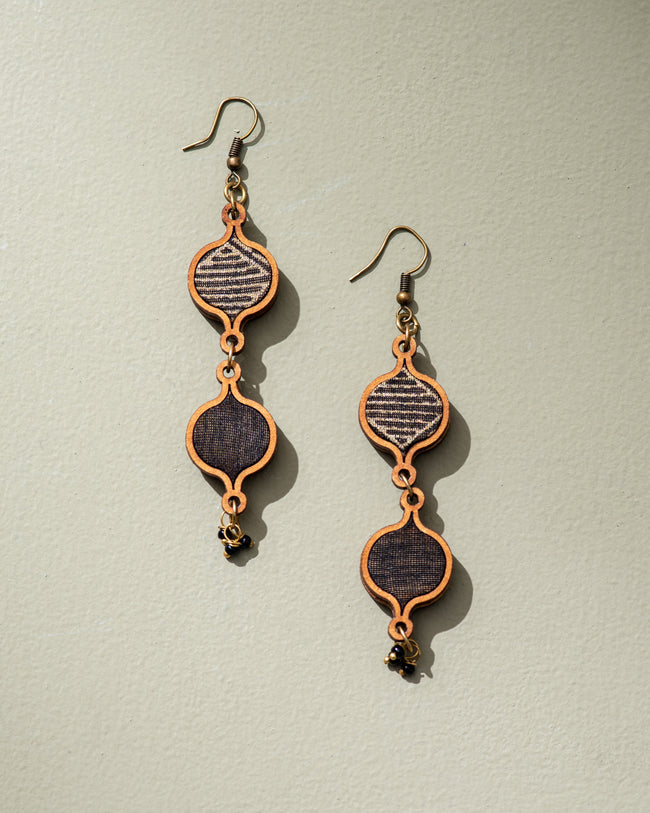 WHE Black and Gold Festive Multi Layered Repurposed Fabric and Wood Earrings