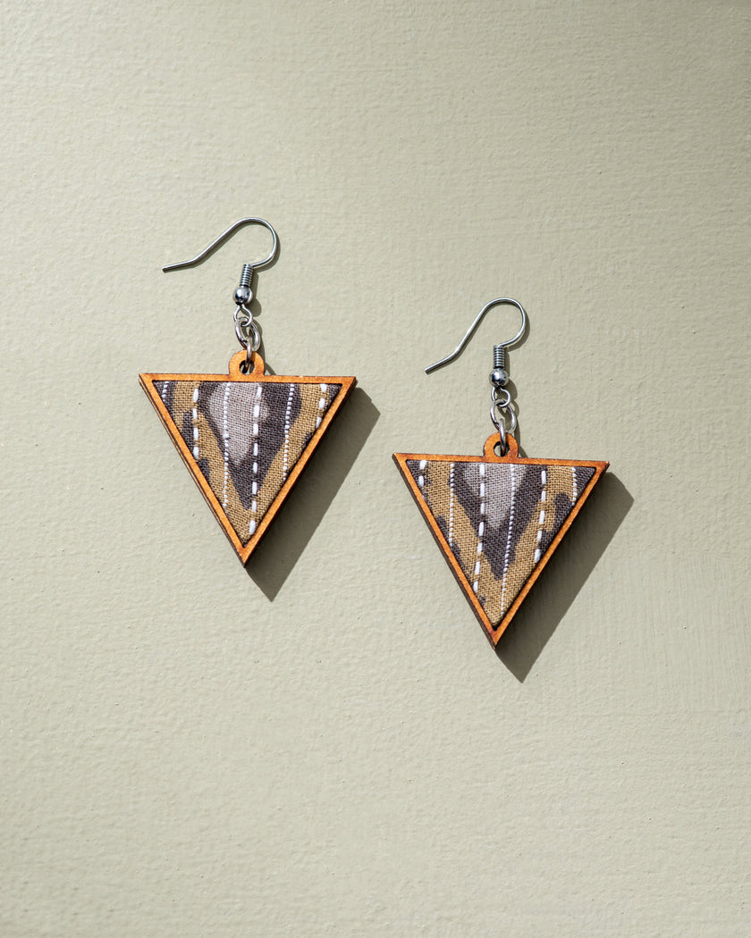 WHE Brown Repurposed Fabric and Wood Triangular Earrings