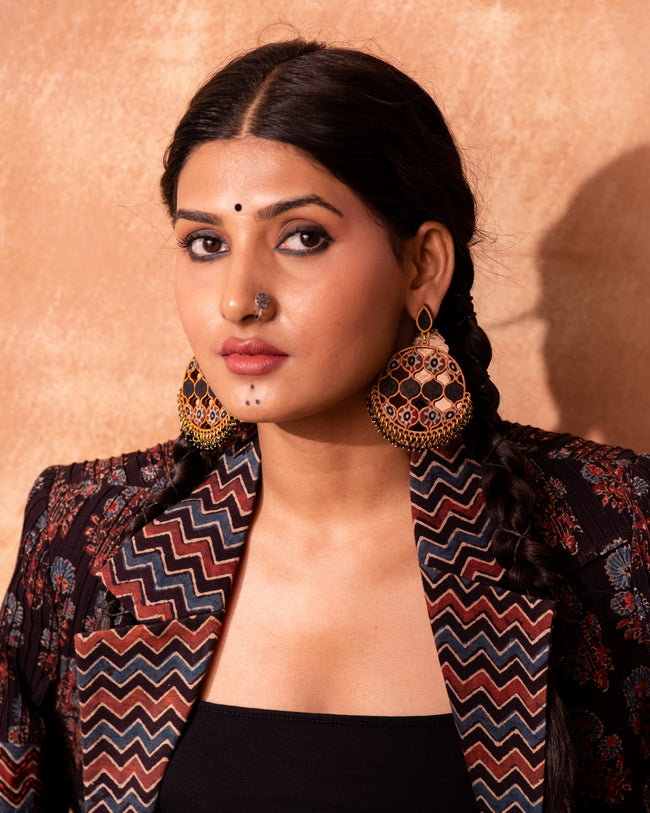 WHE Black Ajrakh Round Repurposed Fabric and Wood Earrings