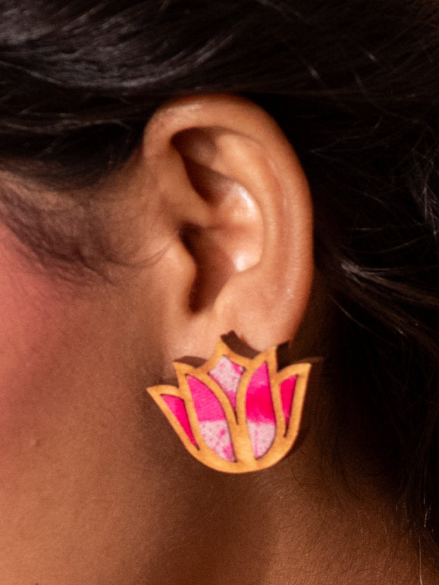 WHE Shades of Pink Bloom Lotus Repurposed Fabric and Wood Earrings