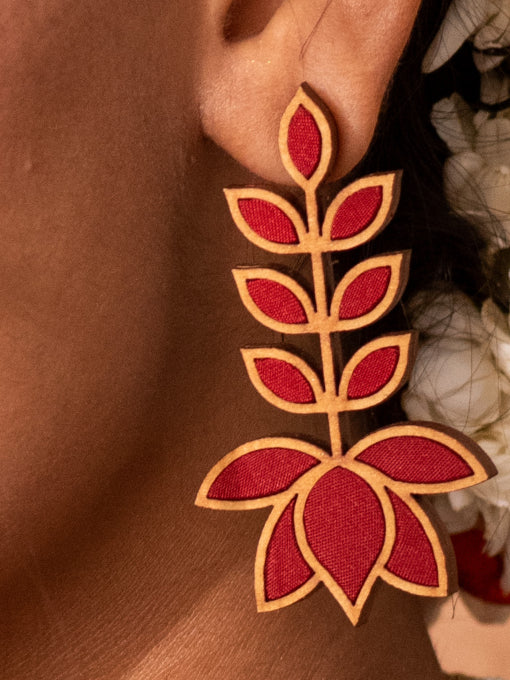 WHE Red Festive Leaf Motif Upcycled Fabric and Repurposed Wood Earrings