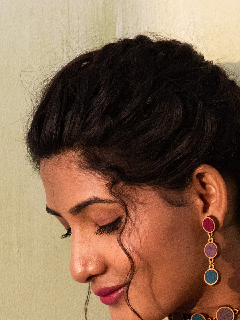 WHE Purple Blue Repurposed Fabric and Wood Round Earring