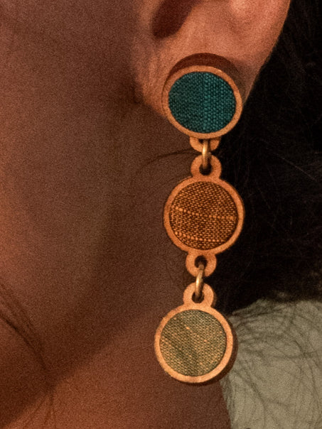 WHE Green Brown Repurposed Fabric and Wood Round Earring