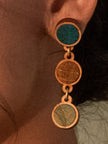 WHE Green Brown Repurposed Fabric and Wood Round Earring