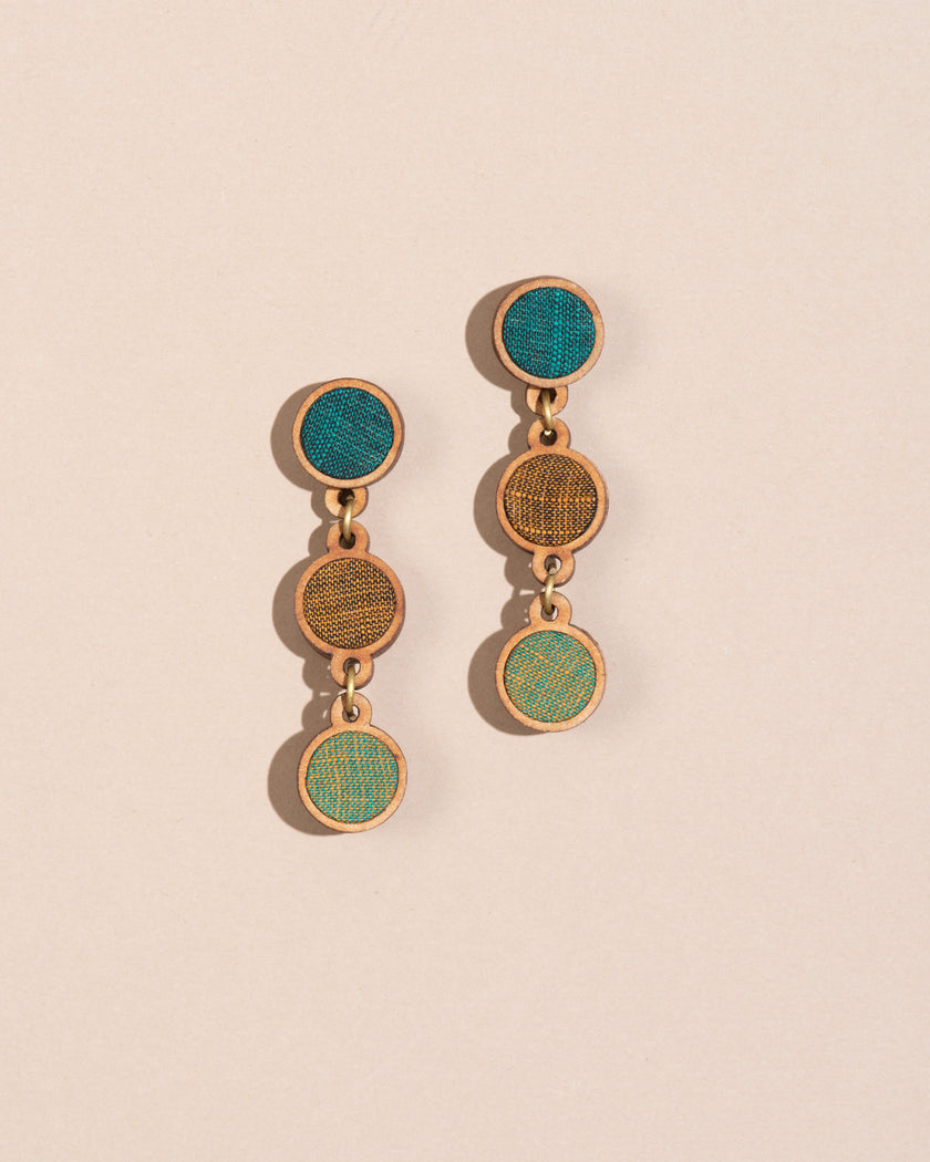 WHE Green Brown Repurposed Fabric and Wood Round Earring