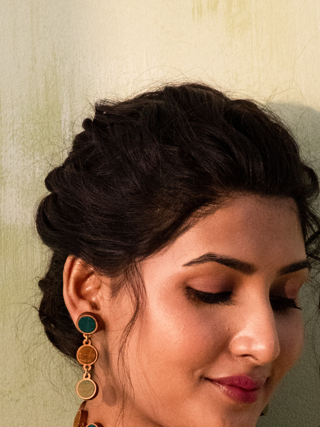 WHE Green Brown Repurposed Fabric and Wood Round Earring