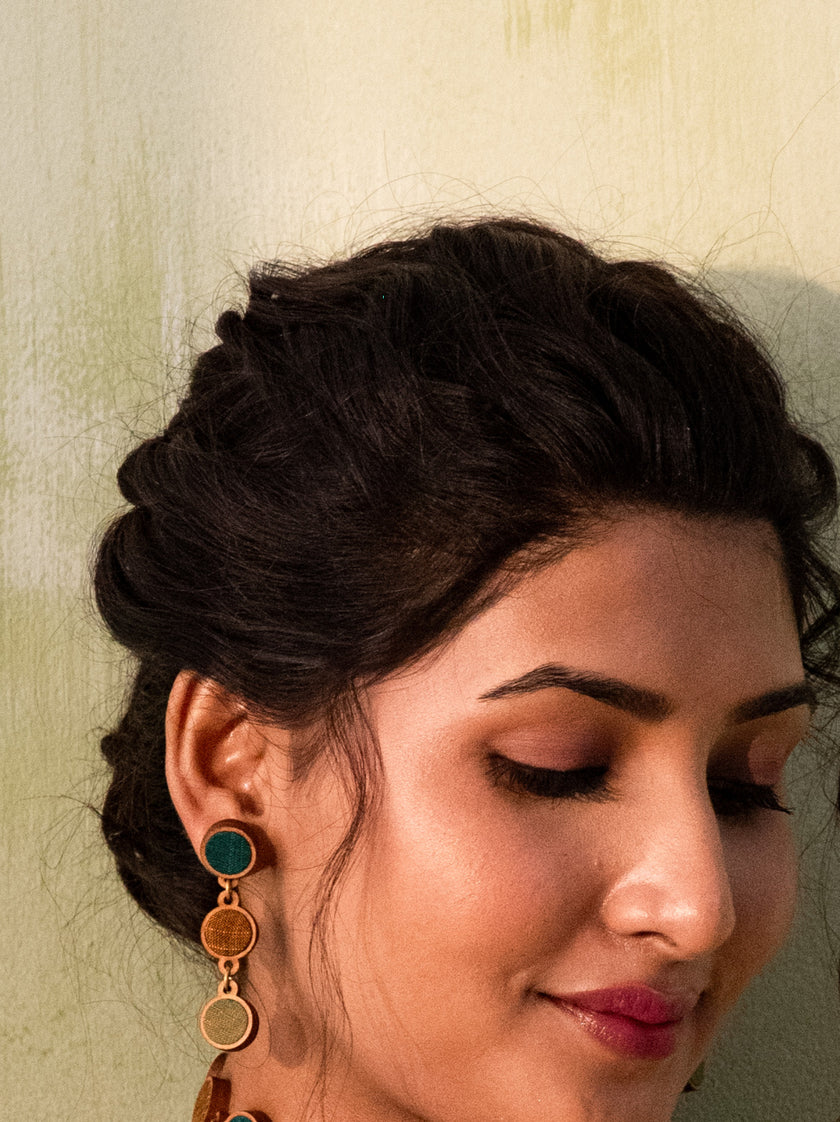WHE Green Brown Repurposed Fabric and Wood Round Earring
