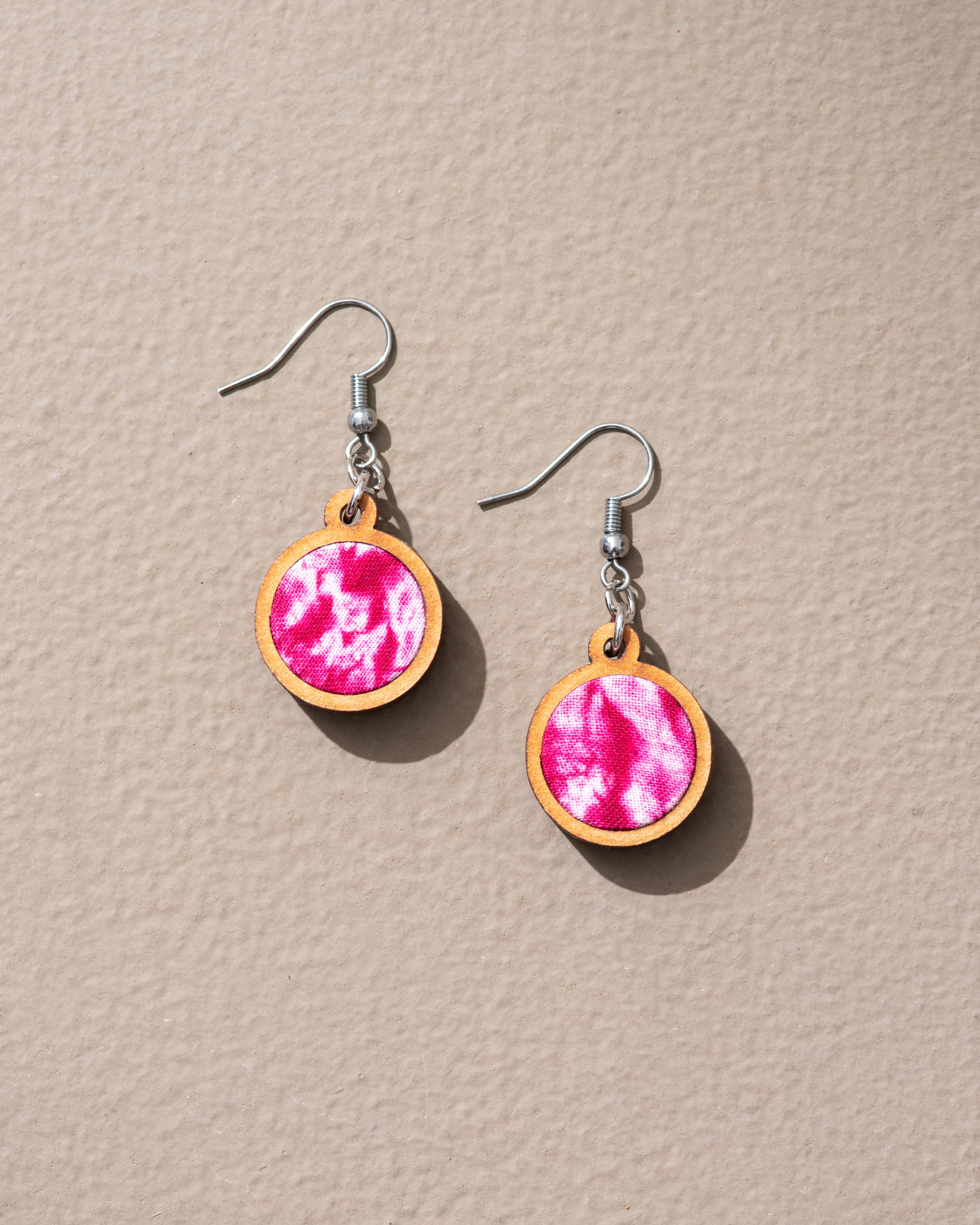 Pink Tie and Dye Repurposed Wood and Fabric Danglers