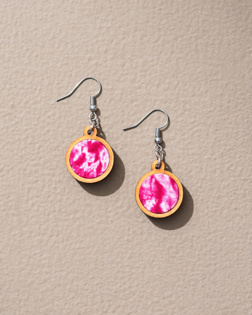 Pink Tie and Dye Repurposed Wood and Fabric Danglers