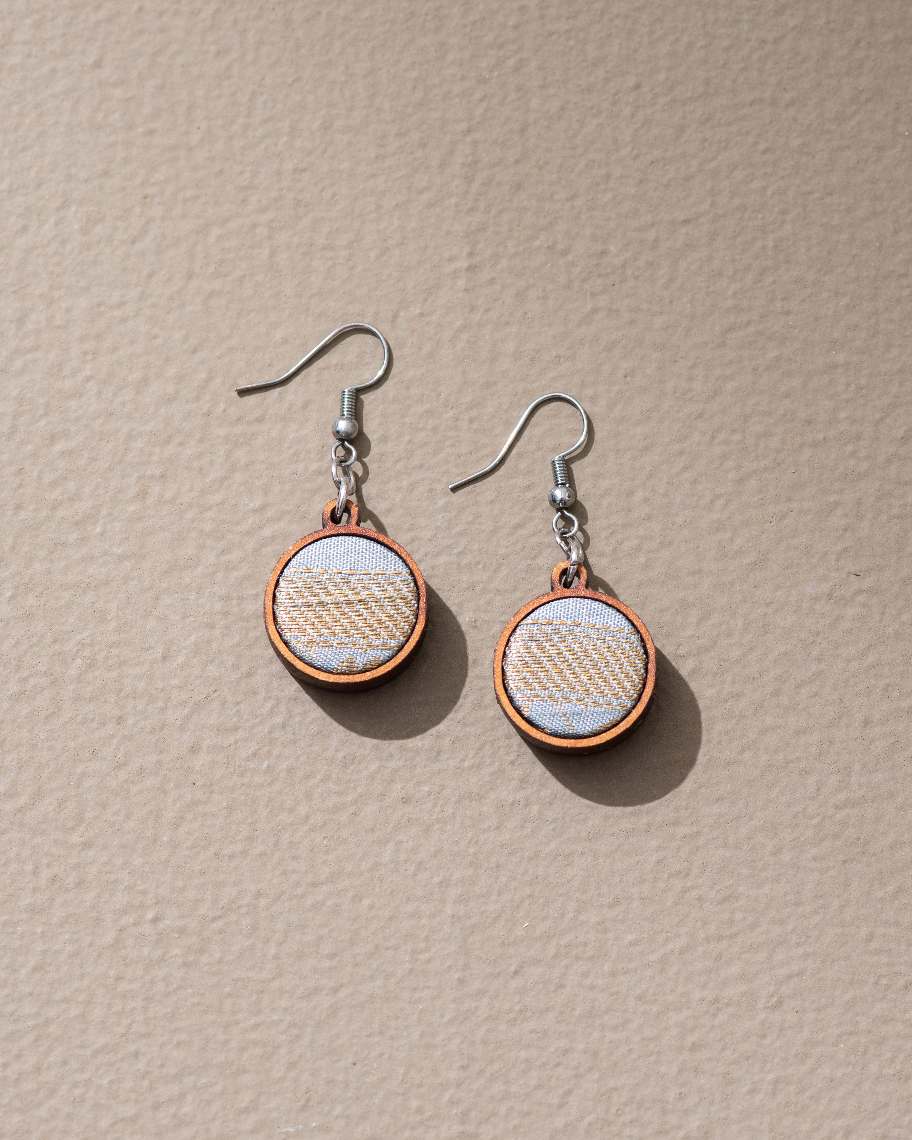 WHE Festive Grey, Gold and Silver Repurposed Fabric and Wood earrings
