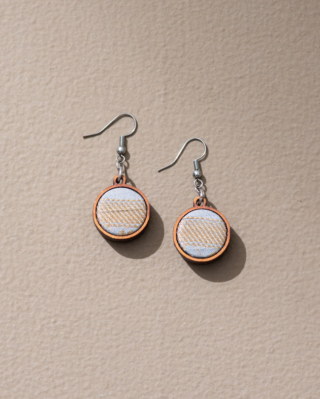 WHE Festive Grey, Gold and Silver Repurposed Fabric and Wood earrings