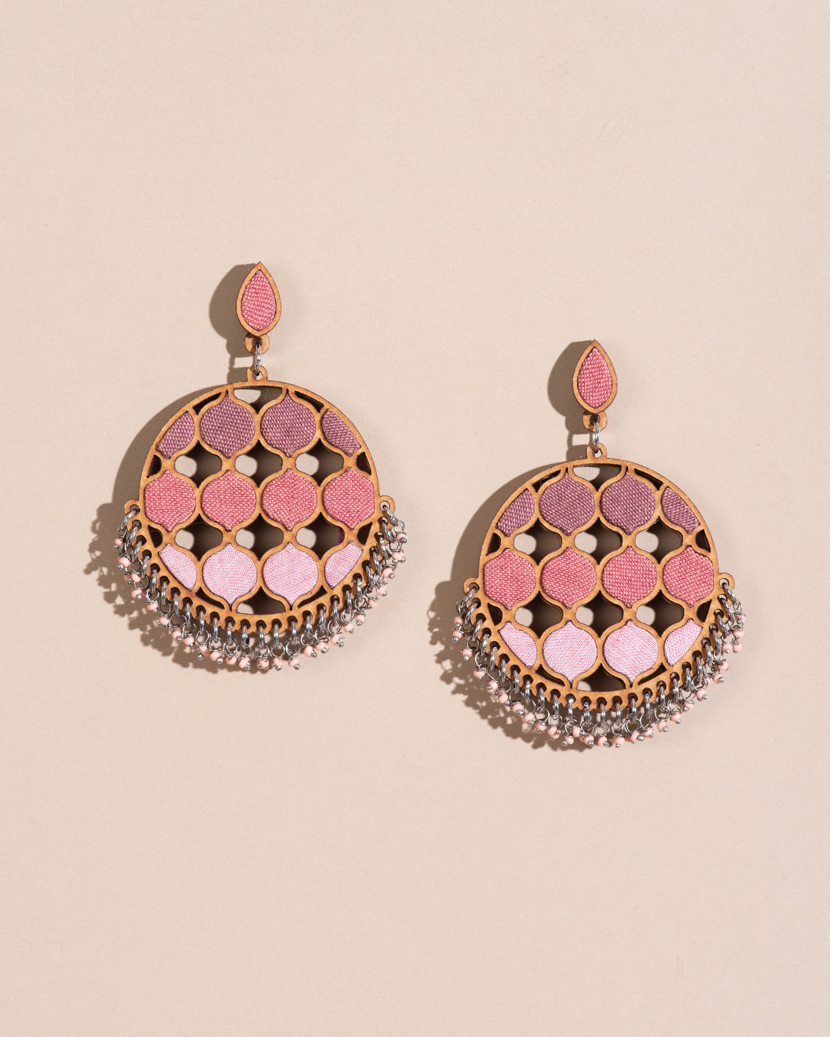 WHE Shades of Pink Repurposed Fabric and Wood Statement Earrings