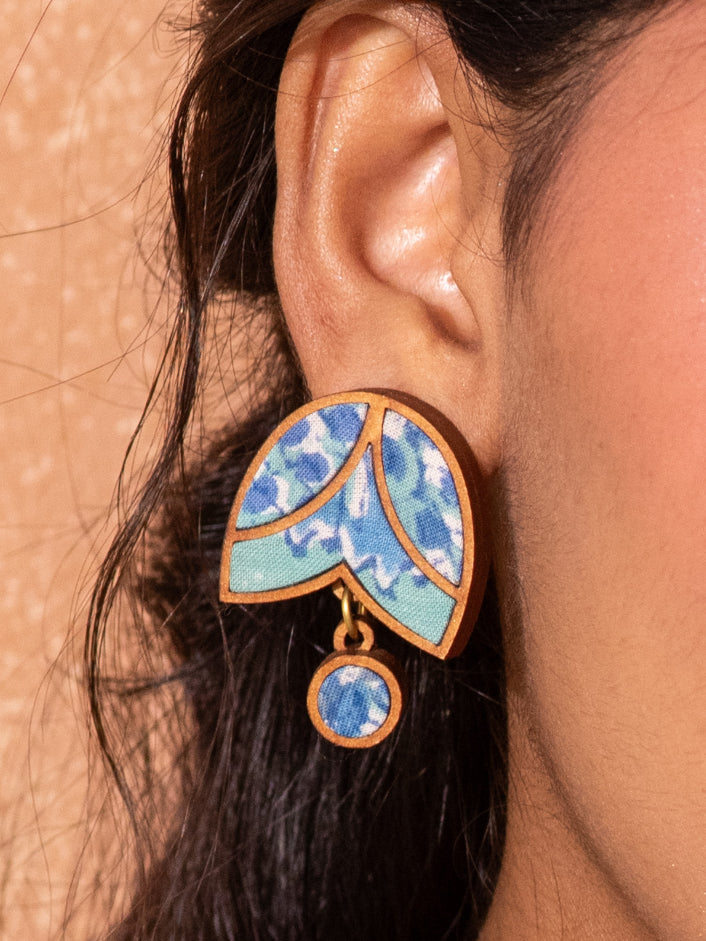 WHE Shades of Blue Bloom Repurposed Fabric and Wood Stud Earrings