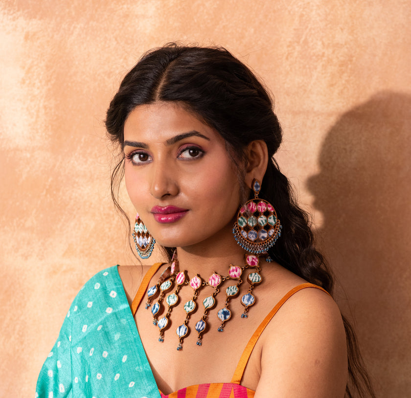 WHE Handcrafted Multicolor Tie and Dye Repurposed Wood and Fabric Statement Earrings