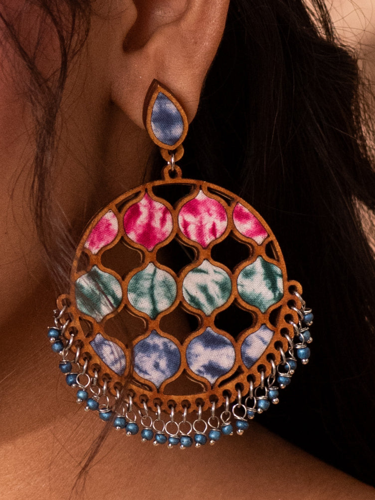 WHE Handcrafted Multicolor Tie and Dye Repurposed Wood and Fabric Statement Earrings