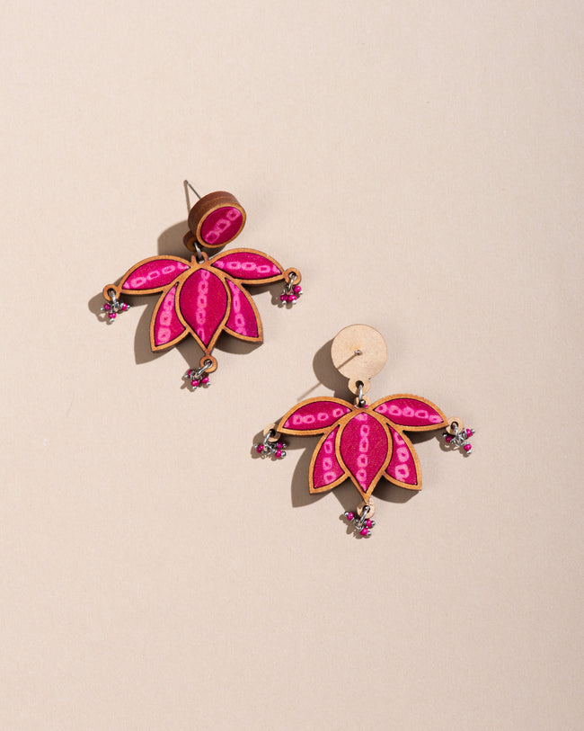 WHE Pink Pure Georgette Bandhani Repurposed Fabric and Wood Statement Lotus Earrings
