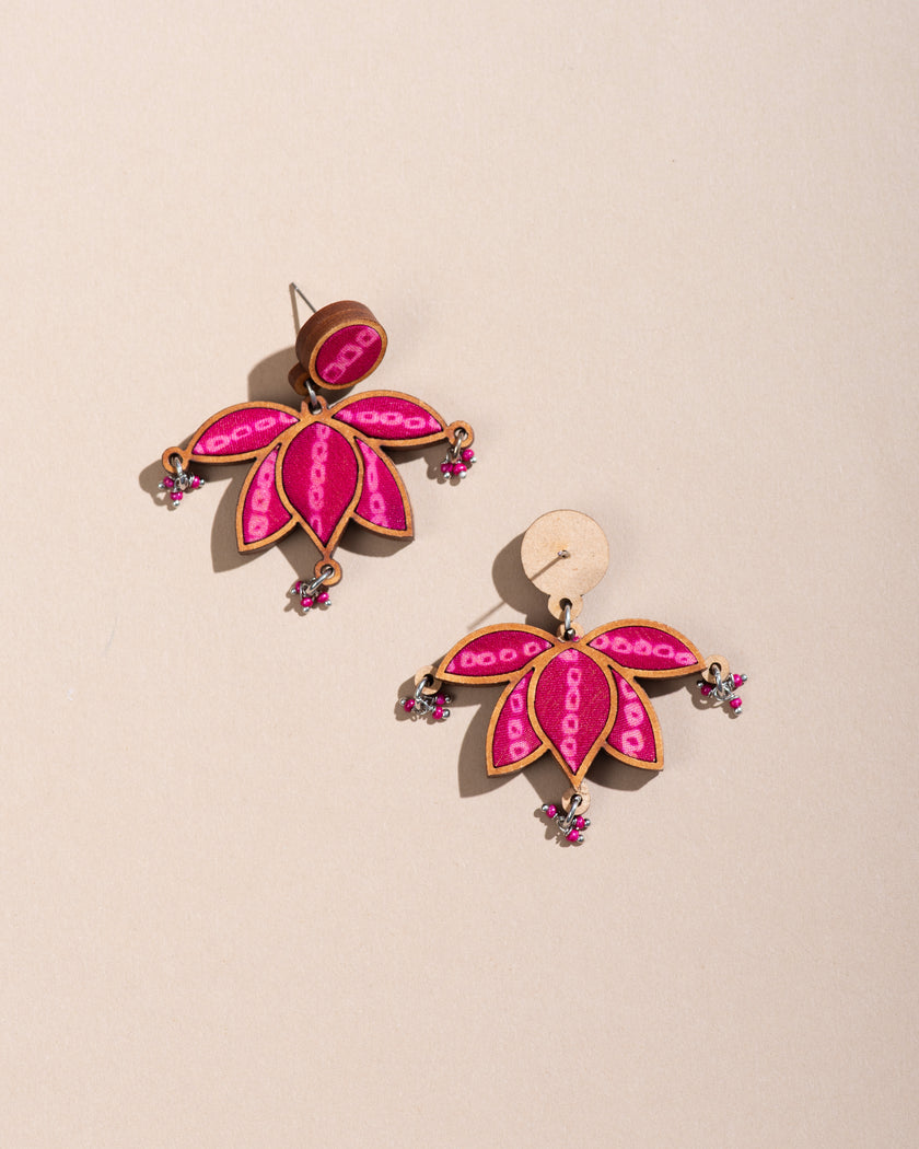 WHE Pink Pure Georgette Bandhani Repurposed Fabric and Wood Statement Lotus Earrings