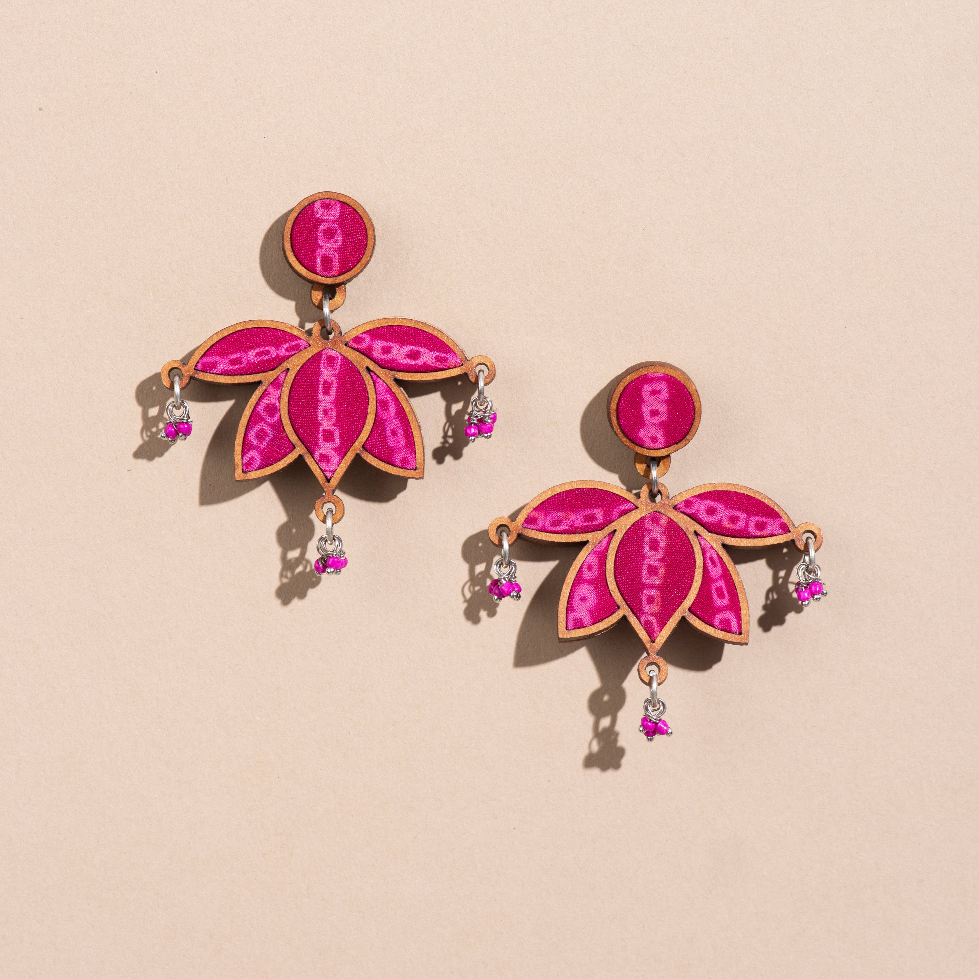 WHE Pink Pure Georgette Bandhani Repurposed Fabric and Wood Statement Lotus Earrings
