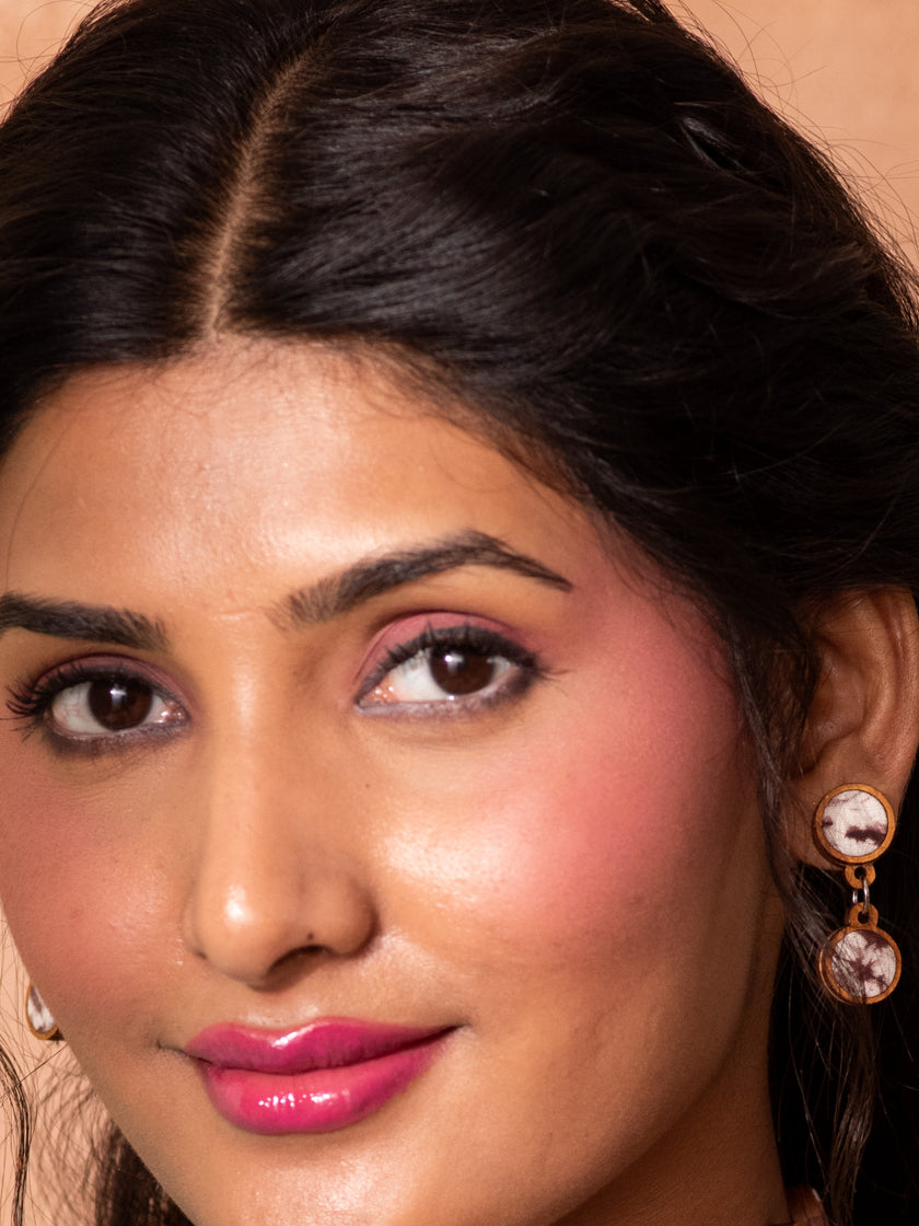 WHE Handcrafted Brown Tie and Dye Repurposed Wood and Fabric Earrings