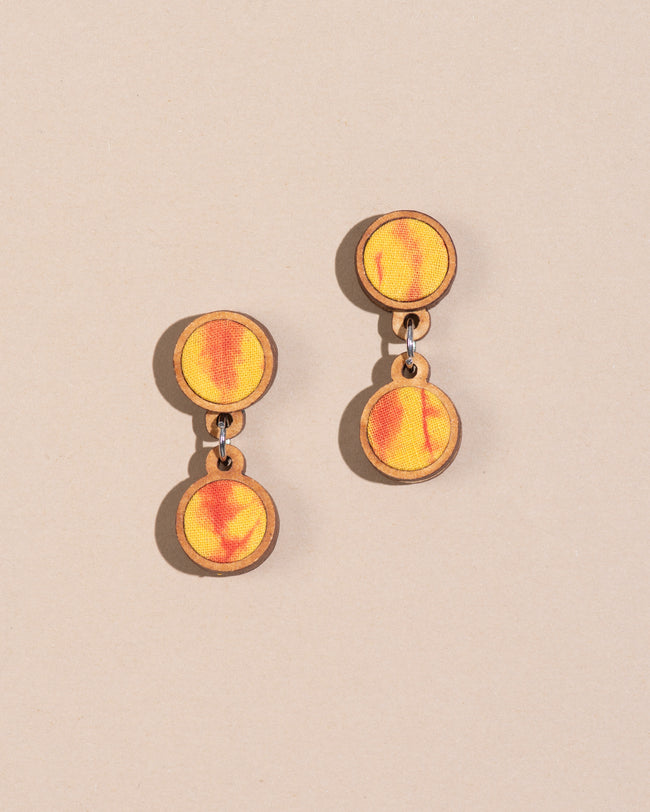 WHE Handcrafted Yellow Orange Tie and Dye Repurposed Wood and Fabric Earrings