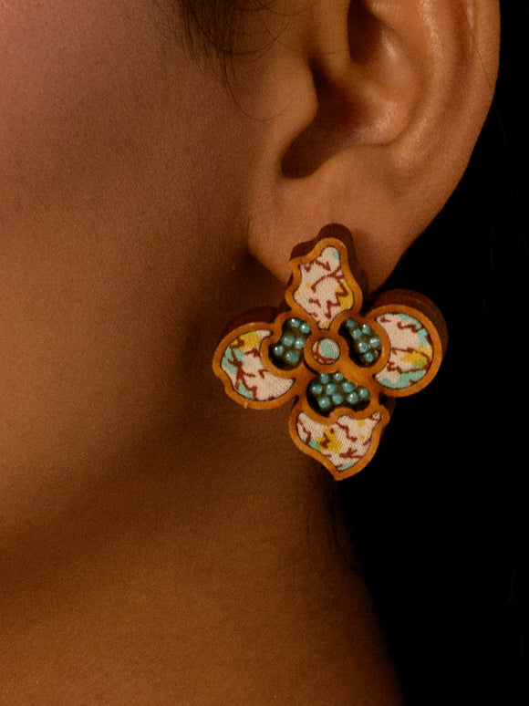 WHE Turquoise White Repurposed Fabric and Wood Flower Stud Earrings