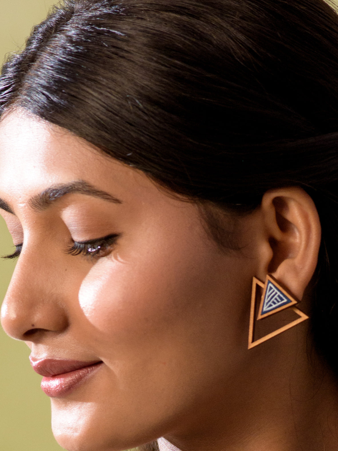 WHE Hand Painted Blue Two Look in One Repurposed Fabric and Wood Triangle Earring