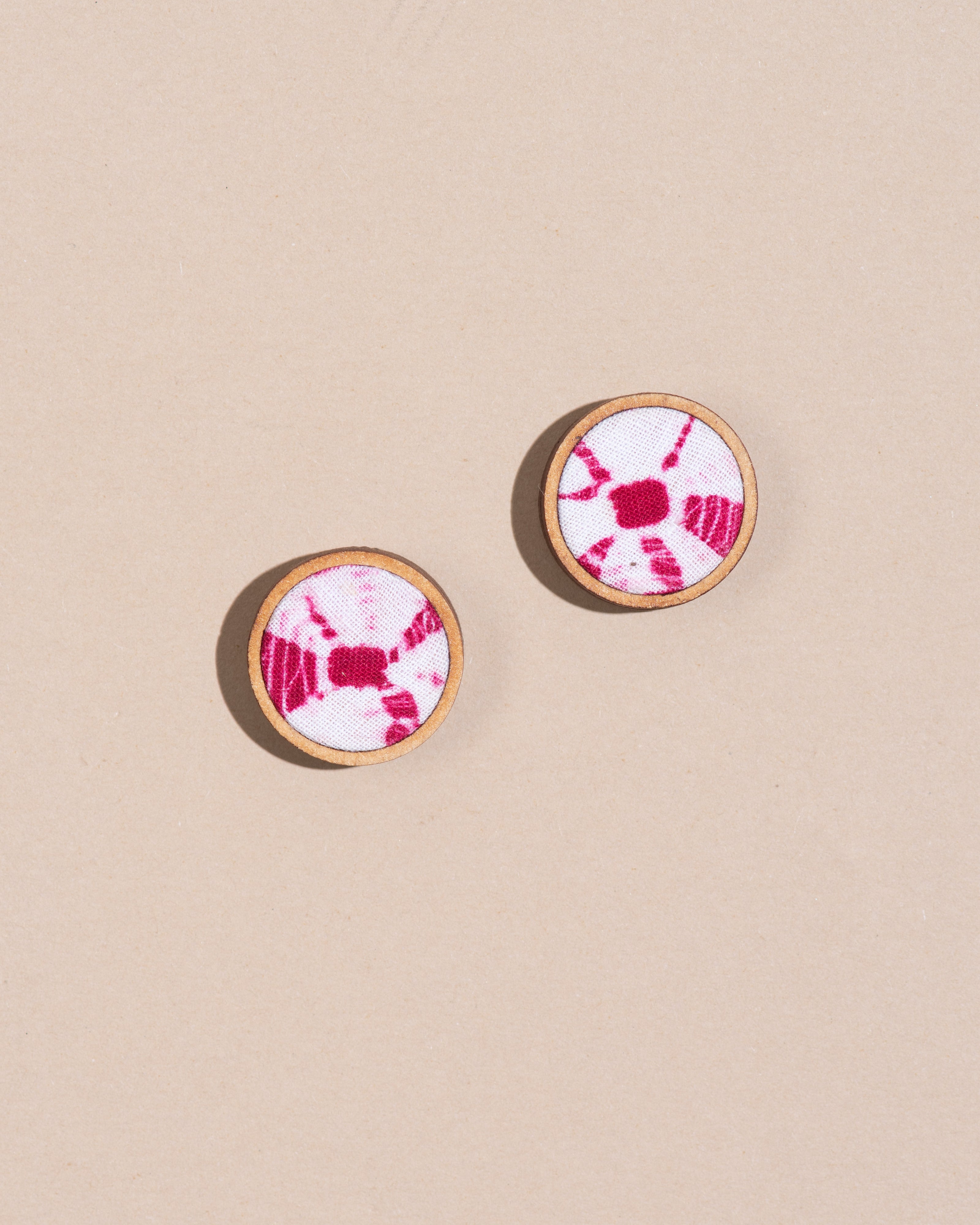 WHE Handmade Pink Tie and Dye Repurposed Fabric and Wood Stud Earrings