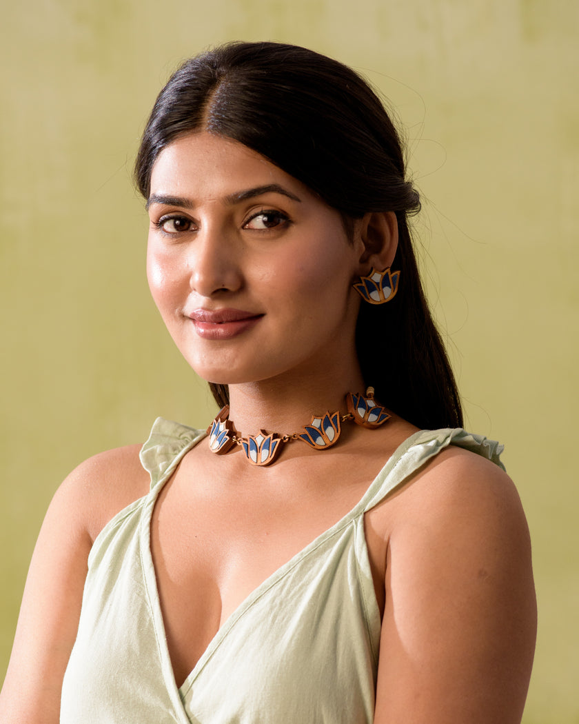 WHE Indigo Bloom Lotus Repurposed Fabric and Wood Earrings