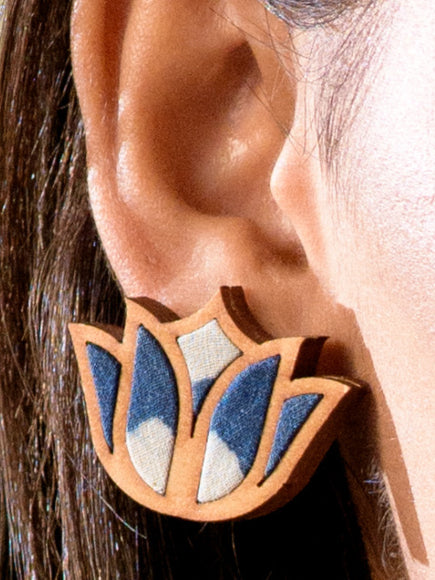 WHE Indigo Bloom Lotus Repurposed Fabric and Wood Earrings