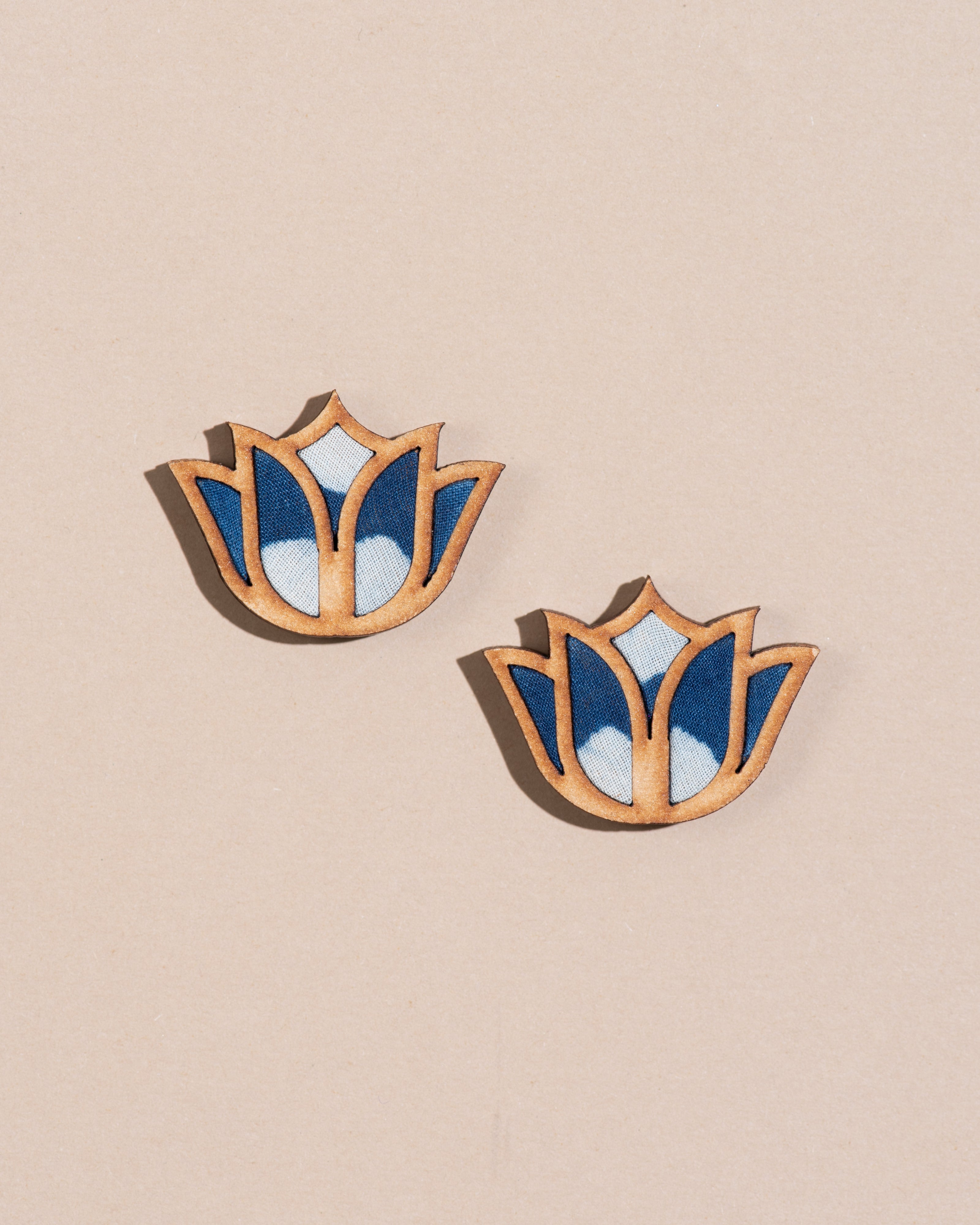 WHE Indigo Bloom Lotus Repurposed Fabric and Wood Earrings