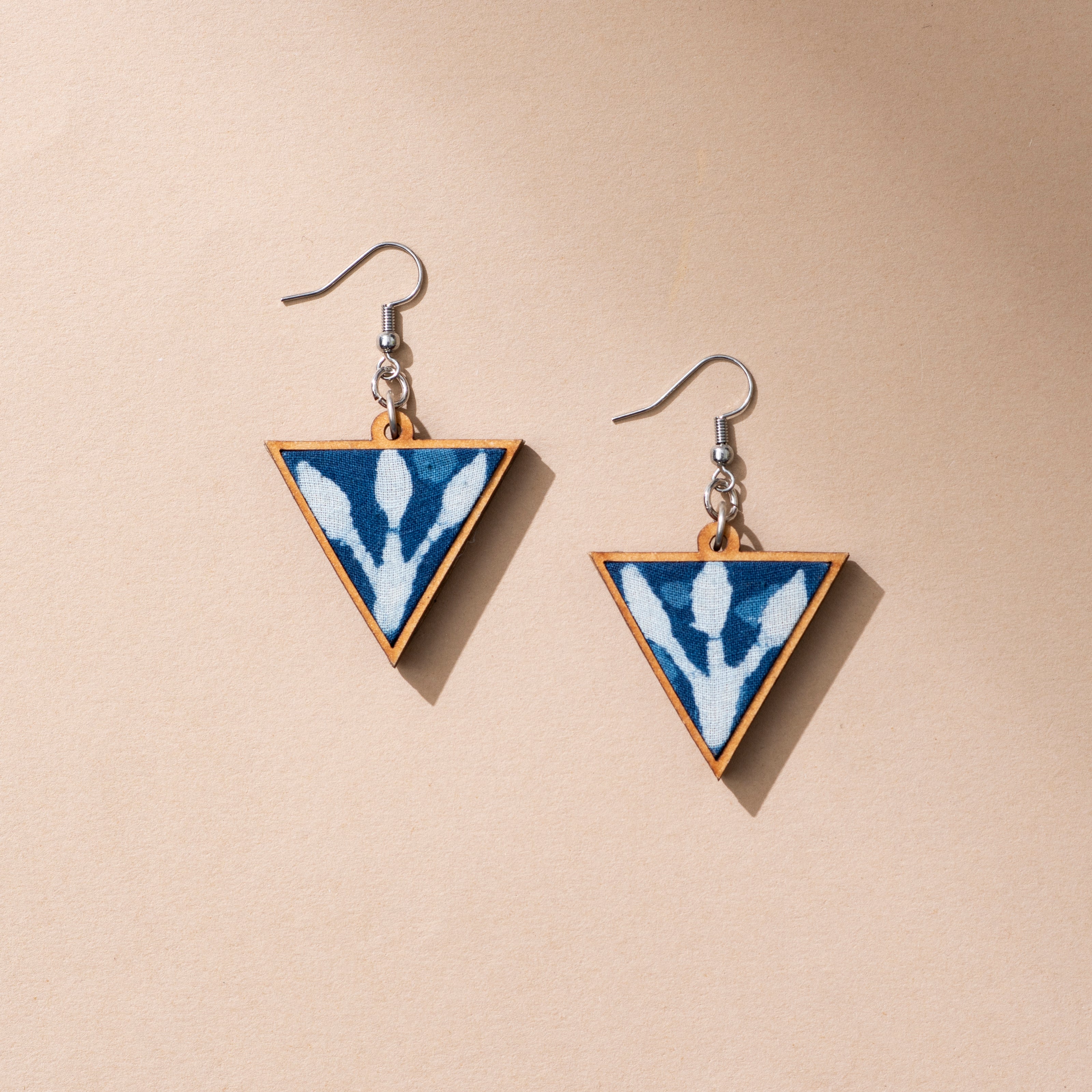 WHE Indigo Repurposed Fabric and Wood Triangular Earrings