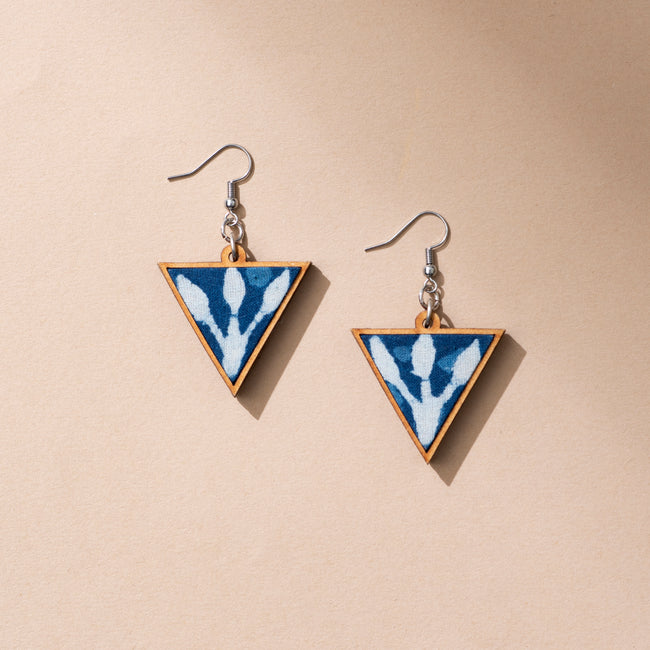 WHE Indigo Repurposed Fabric and Wood Triangular Earrings