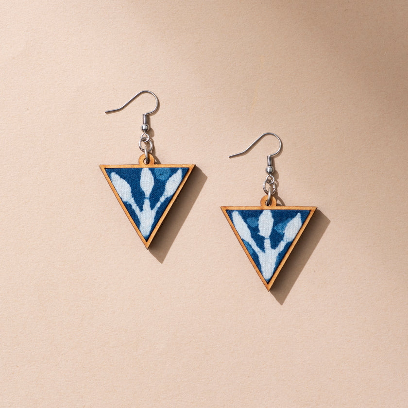 WHE Indigo Repurposed Fabric and Wood Triangular Earrings