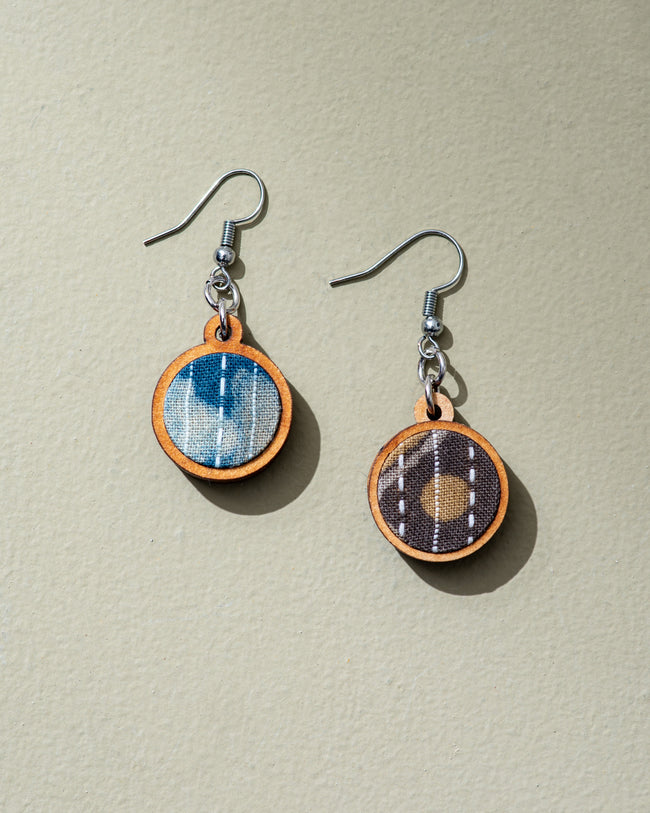 Whe Blue Kantha Batik Fabric and Repurposed Wood Earrings