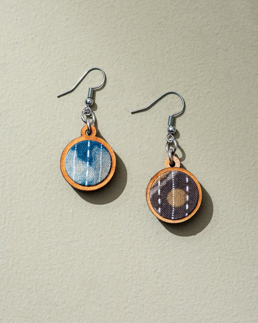 Whe Blue Kantha Batik Fabric and Repurposed Wood Earrings