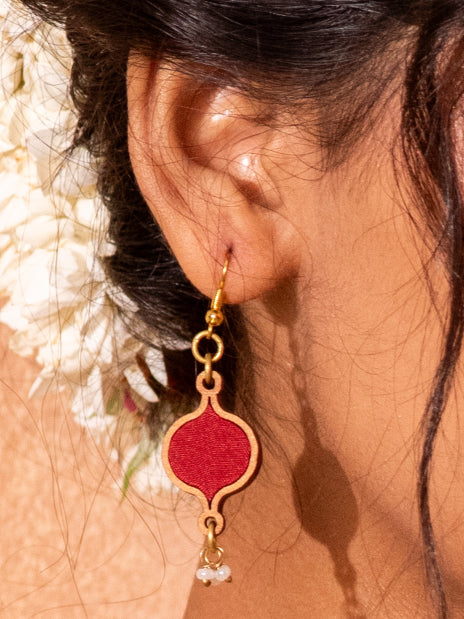 WHE Red Festive Repurposed Fabric and Wood Earrings