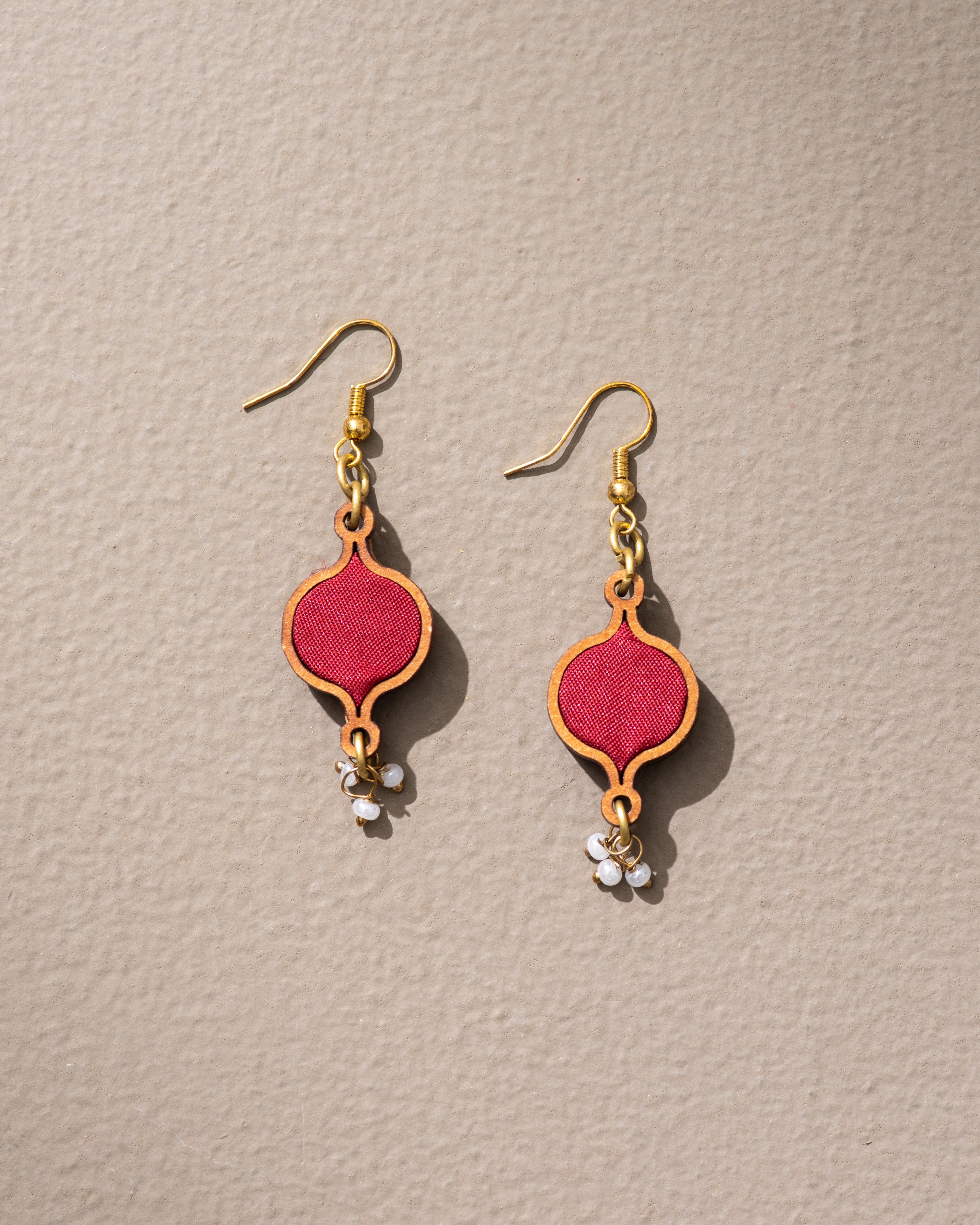 WHE Red Festive Repurposed Fabric and Wood Earrings