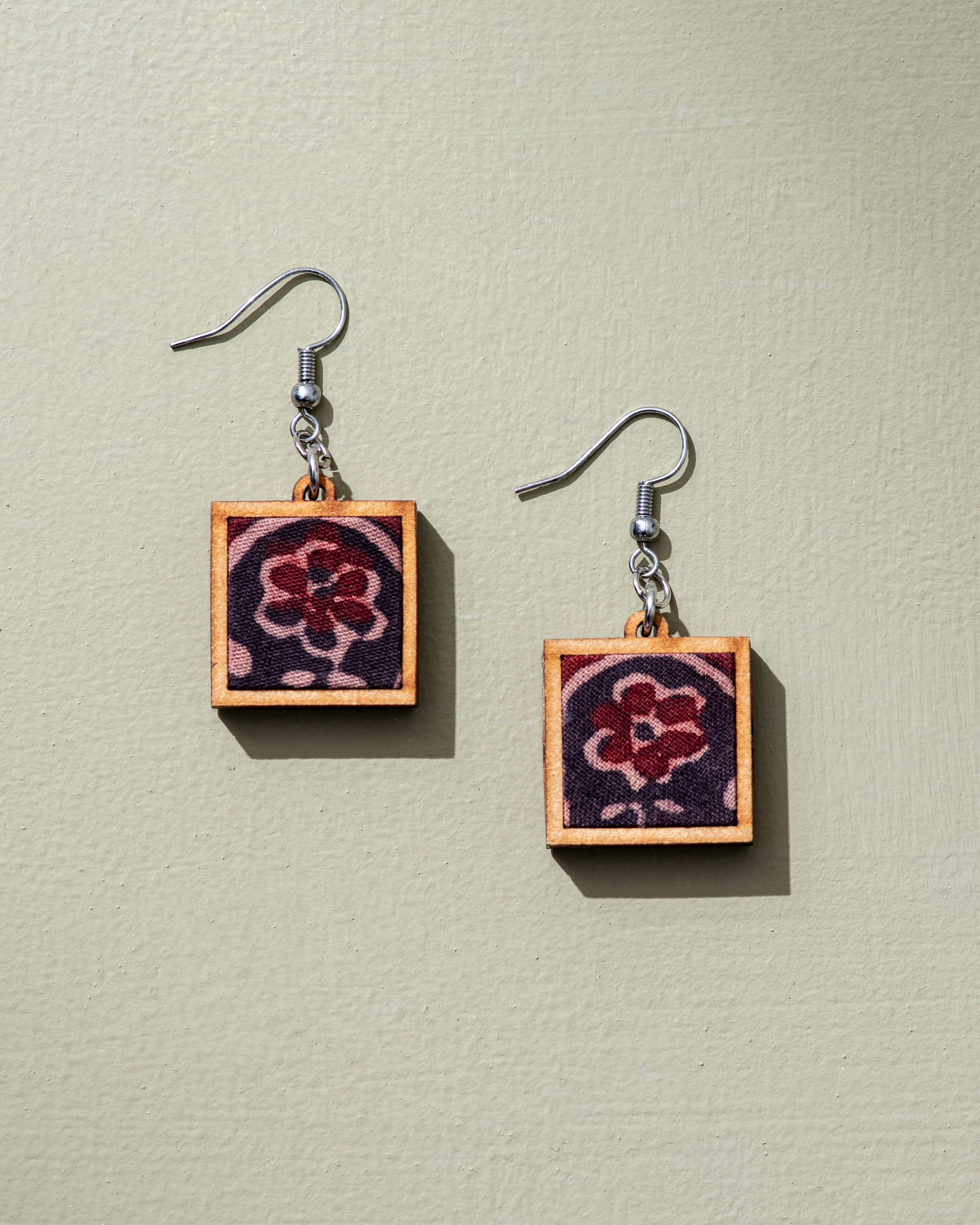 WHE Black Repurposed Ajrakh Fabric and Repurposed Wood Earrings