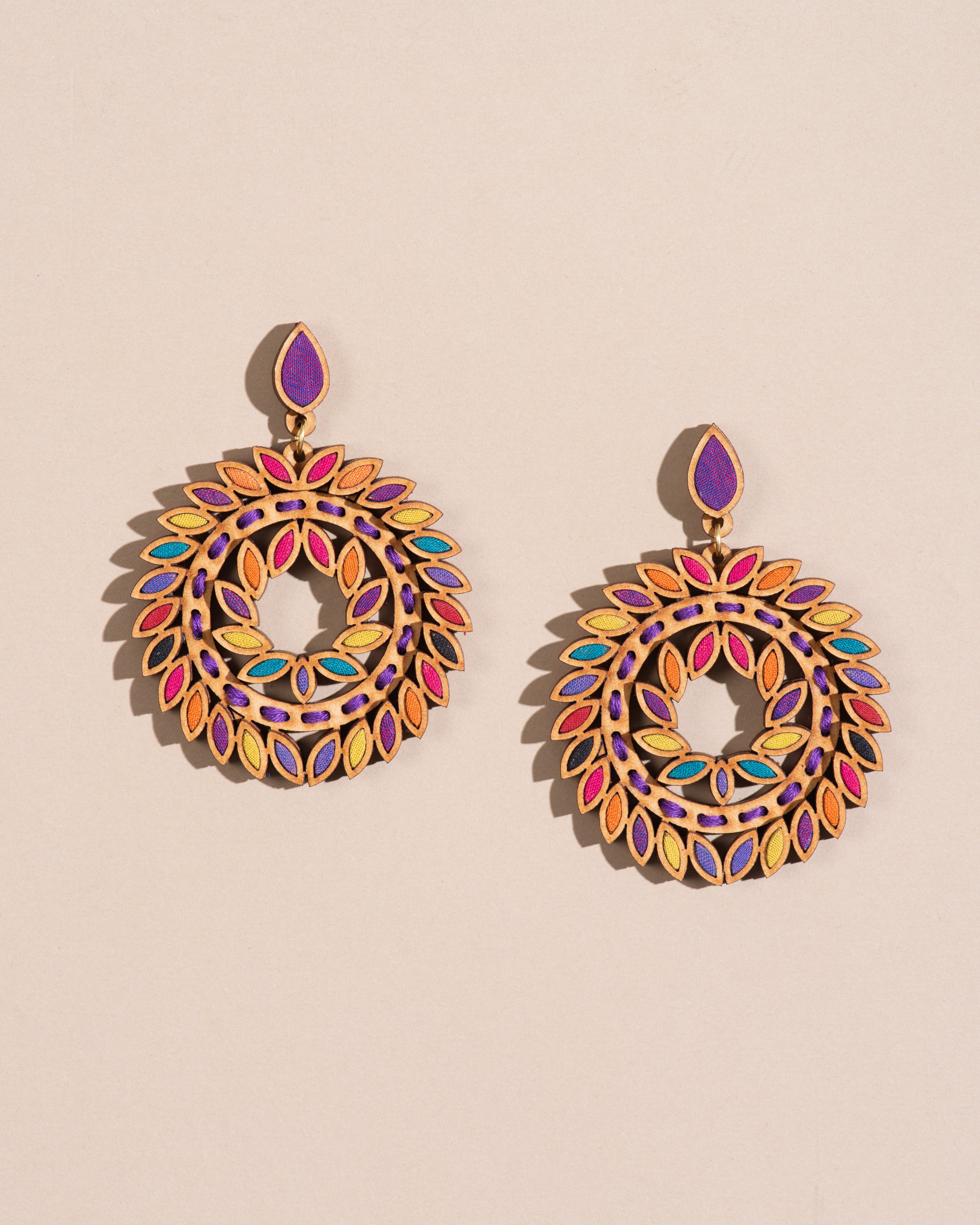 WHE Multicolor Repurposed Fabric and Wood Statement Earrings