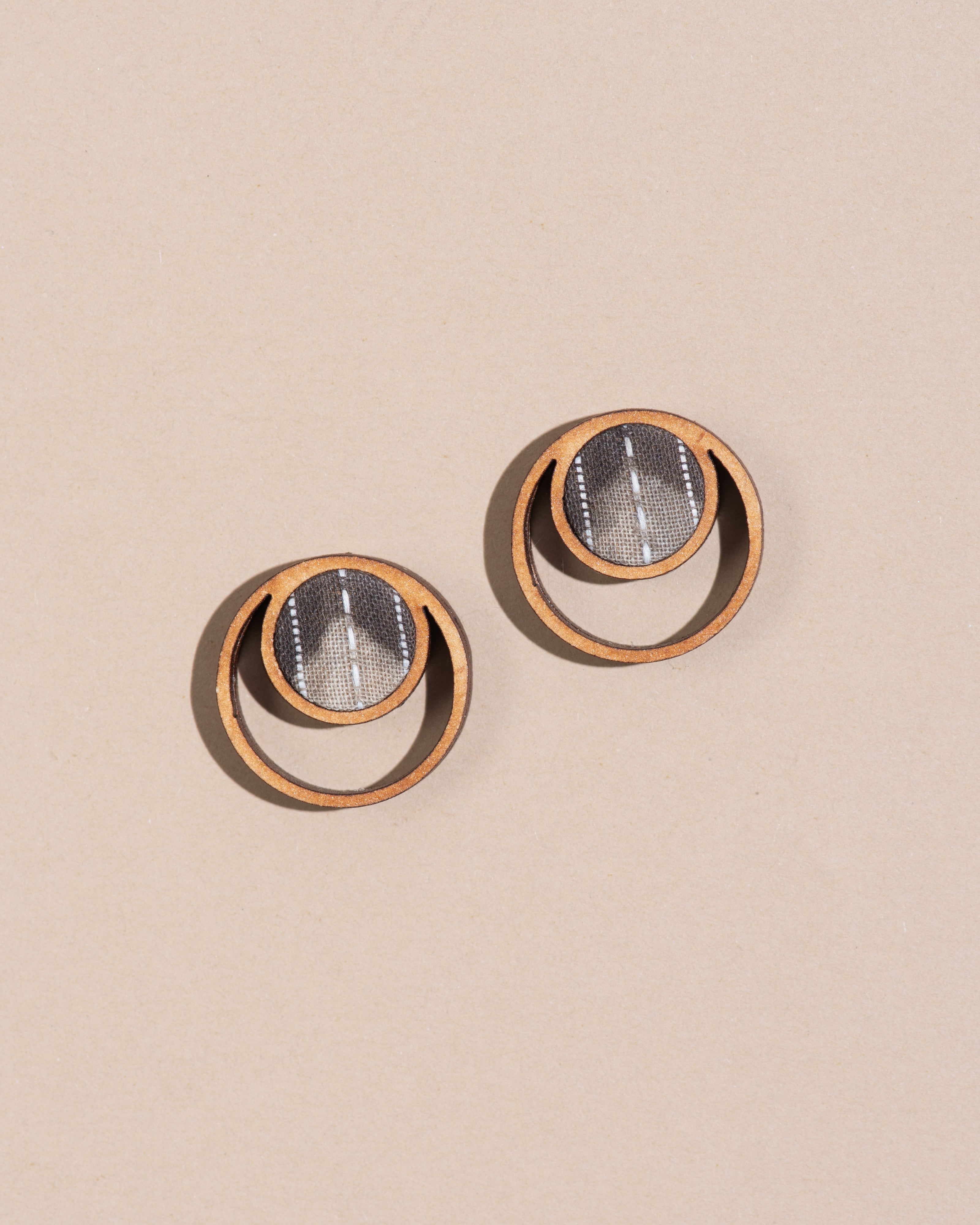 WHE Grey Batik Fabric and Repurposed Wood Stud Earrings