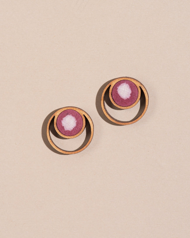 WHE Pink Batik Fabric and Repurposed Wood Stud Earrings