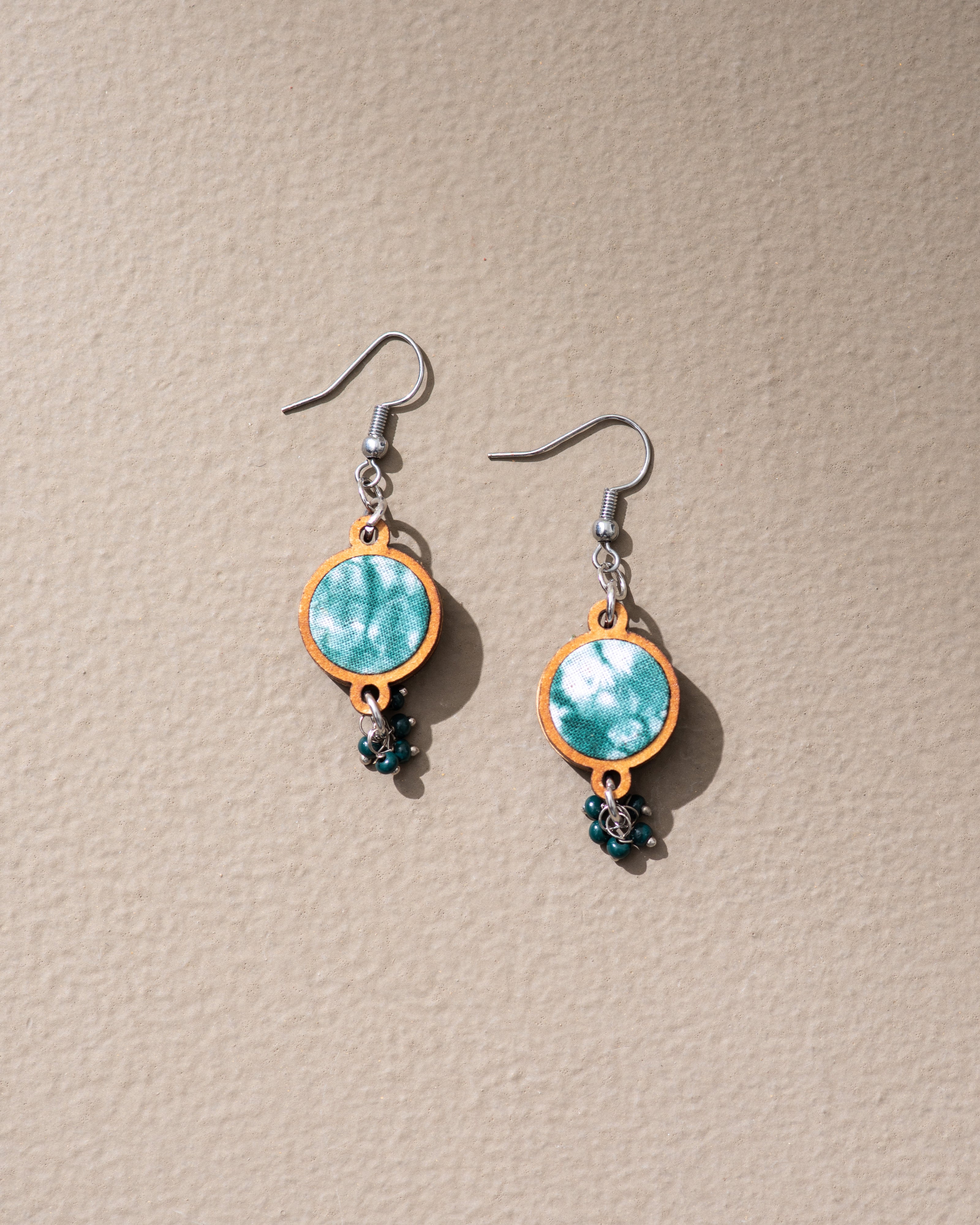 WHE Handcrafted Green Tie and Dye Repurposed Wood and Fabric danglers