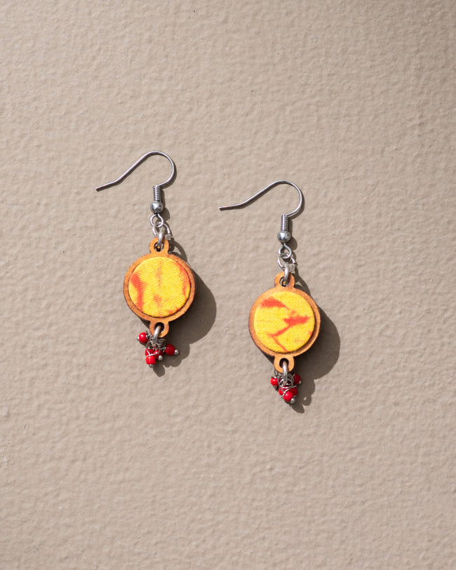 WHE Handmade Yellow Tie and Dye Repurposed Fabric and Wood Danglers